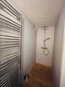 a shower stall in a bathroom with a metal door at Badgers Bolt in Avington