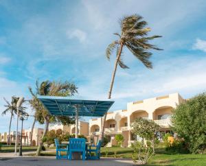 a palm tree and blue chairs in front of a building at Radwa Ramadh Resort in Yanbu