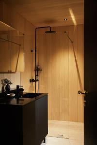 a kitchen with a shower and a black counter top at Meteorite House in Kontiolahti