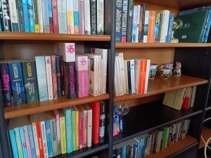 a book shelf filled with lots of books at Seaside olive grove in Pyrgi Thermis
