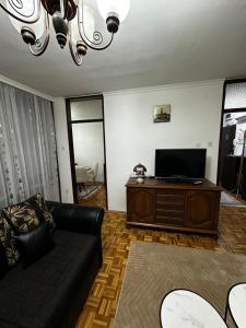 a living room with a couch and a tv at TAMARIS Apartment in Subotica
