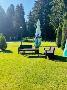 a park with two picnic tables and an umbrella at Chalet Musala in Borovets