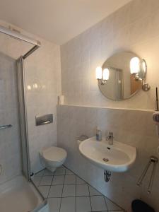 a bathroom with a sink and a toilet and a mirror at Gästehaus St Markus in Höxter