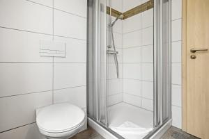 a bathroom with a toilet and a shower at Haus U13 in Röbel +42 photos