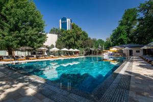 a large swimming pool with chairs and umbrellas at Radisson Blu Hotel, Tashkent in Tashkent