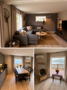 two pictures of a living room and dining room at Oceanview Escape Lofoten in Ramberg