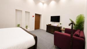 a bedroom with a bed and a couch and a tv at Royal Palm Villa in Rawalpindi