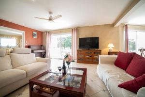 a living room with two couches and a tv at L'Horizon des Chênes - grand jardin, bbq & table de ping pong in Hagetmau