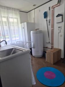 a kitchen with a sink and a red and blue rug at Stenberg Nature Residence in Tyringe +61 photos
