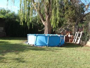 a blue tub sitting in a yard next to a tree at Cabañita La Paz Villa Sanagasta in Villa Bustos
