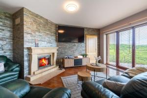 a living room with a fireplace and leather furniture at Vila Fénix in Kutná Hora