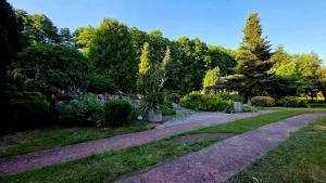 a walkway in a garden with trees and bushes at Dominikówka in Dominikowo
