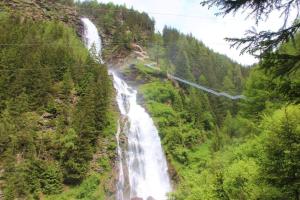 a waterfall on the side of a mountain with trees at Studio Stefan in Umhausen