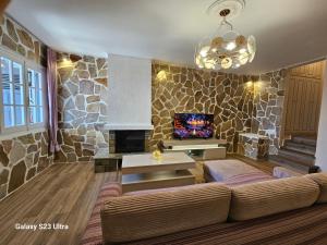 a living room with a couch and a stone wall at PELION HORIZON houses in Agios Ioannis Pelio