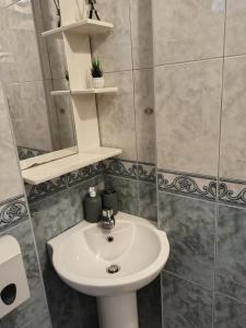 a bathroom with a sink and a mirror at Apartmani Ribar in Ohrid