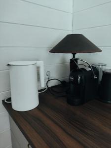 a lamp sitting on top of a wooden table at Owls' house B&B in Skriaudžiai