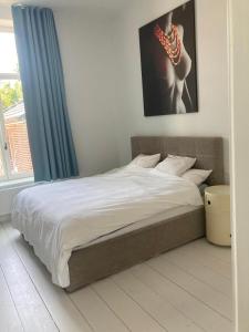 a bedroom with a large bed with a blue curtain at Elegant Manor House in Tongeren +1 photo