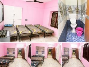 a room with three beds and a toilet at Sagar Hotel For Family in Mācherla