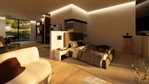 a bedroom with a bed and a living room at Cubea in Bodenmais