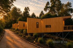 a row of modular houses on a dirt road at Bosque de Cea in Nigrán