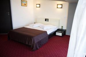 a bedroom with a large bed with a red carpet at GP Hotel StarCity in Tătărani