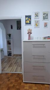 a white dresser in a room with paintings on the wall at Apartment Succulenta in Crno