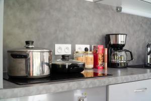 a kitchen counter with a pot and a coffee maker at Ô Doubs Chalets in Mouthe