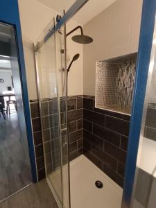 a bathroom with a shower with black tiles at Le Nid d'Ouilly in Pont-d'Ouilly