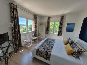 a bedroom with a bed and a tv and windows at Montèze Paradis in Saint-Christol-lès-Alès