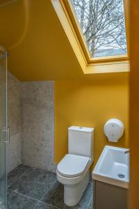 a bathroom with a toilet and a sink and a skylight at Otter Hostel Connemara in Leenaun +86 photos