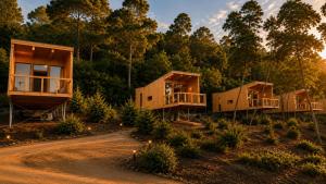 a row of modular homes in a forest at Bosque de Cea in Nigrán