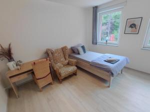 a room with a bed and a chair and a desk at Alte Mühle in Holzminden
