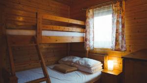 a bunk bed in a log cabin with a ladder at Domki Letniskowe Krakus in Rusinowo
