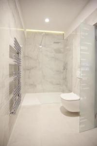 a white bathroom with a toilet and a shower at Aparthotel František in Světlá nad Sázavou +4 photos