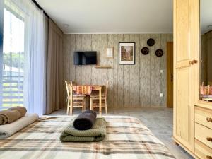 a living room with a tv and a table at Bocian Apartamenty in Krynica Zdrój