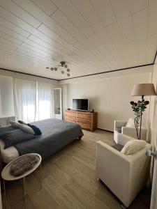 a bedroom with a bed and a couch and a tv at Les Mésanges Bleu in Malmedy