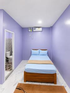 a bedroom with a bed with blue walls at M&S Cabina in Alburquerque