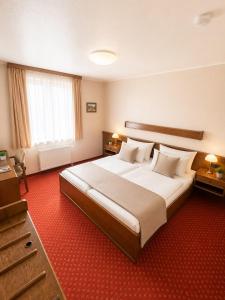 a large hotel room with a large bed and red carpet at Hotel Esingerhof by Alesta in Tornesch +10 photos