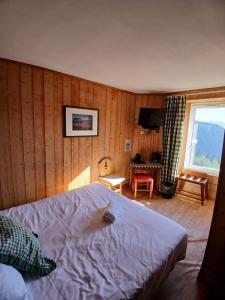 a bedroom with a bed in a room with wooden walls at Auberge du Belvédère in Séez