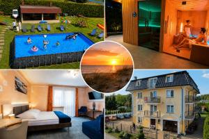 a collage of photos with a house and a pool at VILLA DORA - CENTRUM,BASEN PODGRZEWANY,JACUZZI SAUNA, Plac zabaw, Parking in Mielno