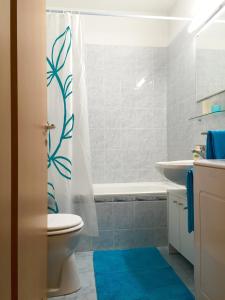 La salle de bains est pourvue de toilettes et d'un rideau de douche. dans l'établissement Cozy Apartment in District 8, à Budapest