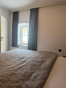 a bedroom with a large bed with blue curtains at Dolce Vita Appartment in Schärding
