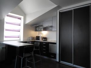 une cuisine avec des armoires noires et un comptoir noir dans l'établissement Apartment Latte, à Lviv