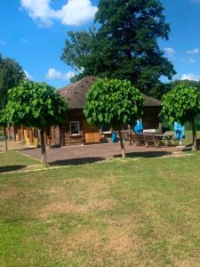 a log cabin with a picnic table and two trees at Pod Grzybkiem in Zawady