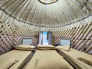 two beds in a yurt with a window at Besqala Yurt Camp in Kabanbay