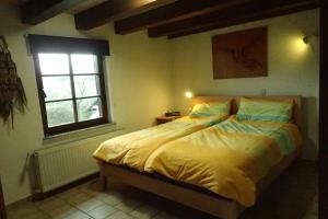 ein Schlafzimmer mit einem großen Bett mit Fenster in der Unterkunft vakantiehuis Hunsrück in Leisel