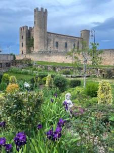 a garden with flowers in front of a castle at Le cottage à la glycine - Maison de charme au cœur des gorges de la Loire in Chambles