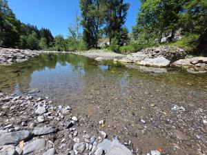 a river with rocks and trees in the background at Gackernästli Emmental in Bärau