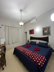 a bedroom with a large blue bed with red pillows at Pousada e Museu JK in Ubajara