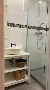 a bathroom with a sink and a shower at Alte Büdnerei - DZ "Bambus" in Brunshaupten +4 photos